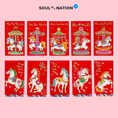 Set bao lì xì độc quyền "Phúc Mã Vinh Quy" SOUL OF A NATION chất liệu ép kim vàng trên giấy màu đỏ dày dặn