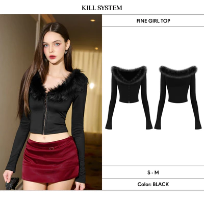 Áo cổ V phối lông tay dài siêu ôm FINE GIRL - 𝐊𝐈𝐋𝐋 𝐒𝐘𝐒𝐓𝐄𝐌