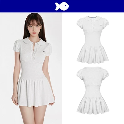 Đầm xòe tay bồng nữ cổ polo DKMV đường viền chiết eo ôm dáng phối hàng nút nhún bèo màu xám Daphne Dress | K-D51-X
