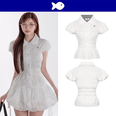 Áo sơ mi trắng nữ kiểu tay bồng DKMV cổ bèo tiểu thư đường nhún eo ôm dáng cùng logo inox Cá xinh Maddy Top | K-T31-T
