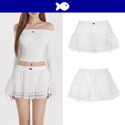 Chân váy trắng ngắn xòe phối lưới DKMV thắt nơ thiết kế logo inox hình Cá xinh Flavio Ballet Skirt | K21-V1-T