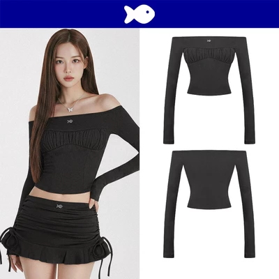 Áo trễ vai croptop dài tay nhún ngực DKMV phối logo cá inox xinh xắn thun rib lụa mềm mại màu đen Dewdrop Top | K-T53-D