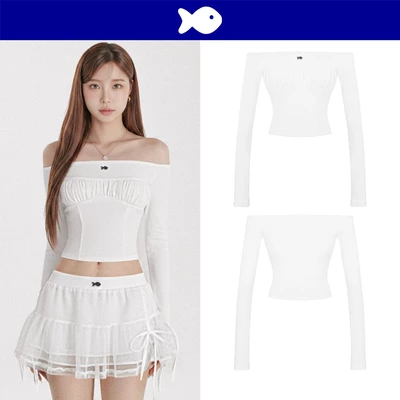 Áo croptop nữ kiểu tay dài trễ vai DKMV thun rib lụa ôm dáng đính logo cá inox điệu đà màu trắng Dewdrop Top | K-T53-T