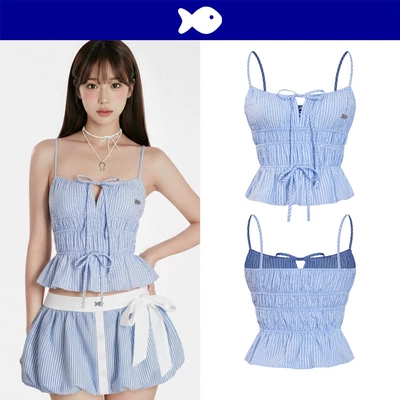 Áo kiểu nữ xinh xắn xanh sọc nhí DKMV thiết kế dáng croptop 2 dây thắt nơ nhún eo ôm dáng Myrna Top | K-T32-X