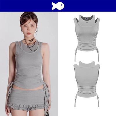 Áo croptop kiểu ba lỗ nữ ôm dáng DKMV thiết kế dây rút thắt nơ thân áo đáng yêu màu xám logo inox Cá Phedra Top| K-T16-X