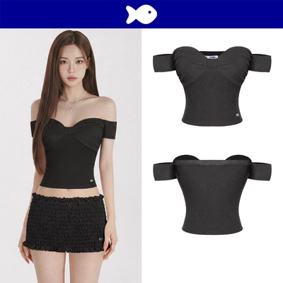 Áo trễ vai đen tay ngắn cúp ngực DKMV hoạ tiết nơ phối logo con cá inox đáng yêu Bitna Croptop kiểu | K-T43-D
