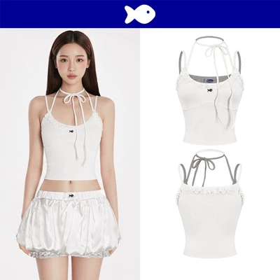 Áo 2 dây kiểu phối ren cổ tròn DKMV dây thắt nơ mang được nhiều kiểu màu trắng thiết kế logo Cá inox Bambi Top | K-T35-T