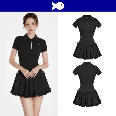 Đầm polo dáng xòe lai phối bèo DKMV tay ngắn thiết kế hàng nút đính dây ren đáng yêu màu đen Bomie Dress | K-D22-D