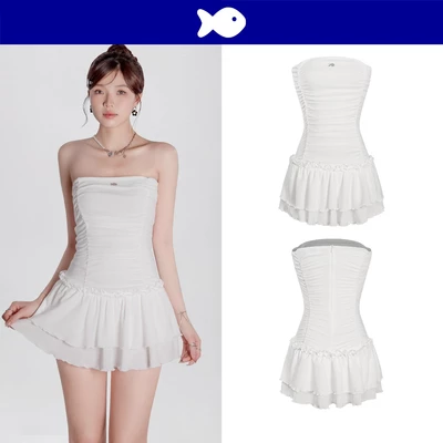Đầm trắng cúp ngực dáng xòe tầng DKMV kèm quần trong thun ôm dáng với nhún bèo dọc thân đáng yêu Noelle Dress | K-D15-T