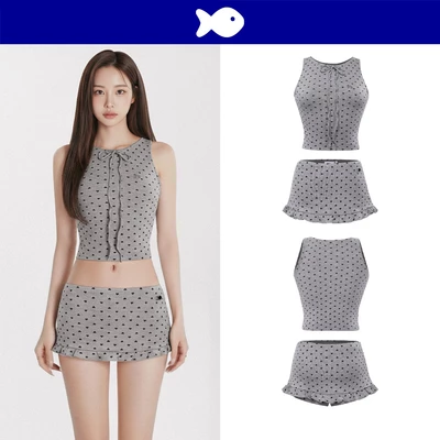 Set váy nữ xinh họa tiết trái tim DKMV màu xám áo croptop ba lỗ kèm chân váy ngắn có quần trong Heart | K-SET11