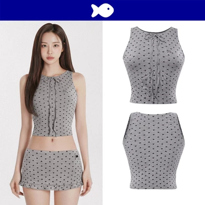 Áo croptop nữ kiểu họa tiết trái tim DKMV buộc nơ thiết kế ba lỗ thun ôm nữ màu xám đáng yêu Heart Top | K-SET11-T-X