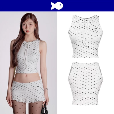 Áo croptop trắng kiểu họa tiết trái tim DKMV buộc nơ thiết kế ba lỗ chất liệu thun ôm dáng xinh Heart Top | K-SET11-T-T