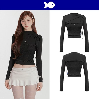 Áo kiểu tay dài nữ croptop cổ cao DKMV thiết kế bèo nhún thân áo thắt nơ thun ôm dáng màu đen Joo Joo Top | K-T24-D