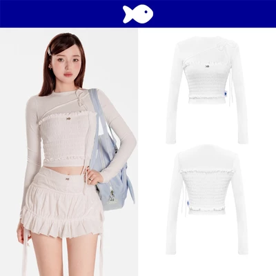 Áo croptop tay dài kiểu phối bèo nhún DKMV màu trắng thiết kế thắt nơ xinh logo inox thun ôm dáng Joo Joo Top | K-T24-T