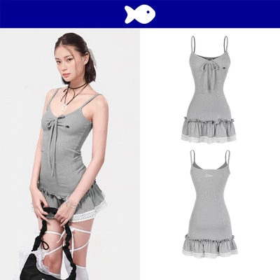 Váy 2 dây ngắn ôm dáng phối ren DKMV dáng chân váy đuôi cá xòe nhẹ dây rút trắng thắt nơ xinh màu xám Yare Dress| K-D1