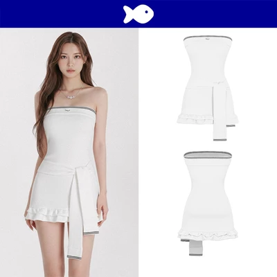 Đầm đuôi cá ngắn dáng cúp ngực DKMV lai xếp tầng dây thắt eo xinh xắn logo cá màu trắng viền đen Kelly Dress | K-D41-T