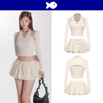 Set đồ nữ dễ thương DKMV áo croptop dài tay kèm chân váy bí ngắn kèm quần trong màu kem Gwyneth Set | K-SET7-K