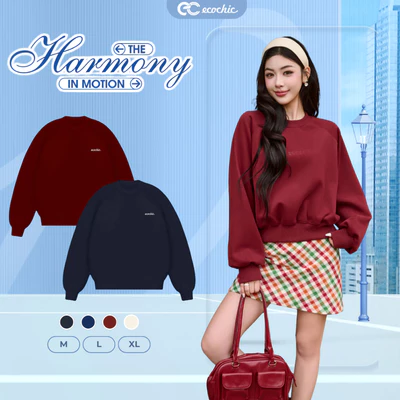 Áo Sweater Nỉ Lót Nhung ECOCHIC B214 Form Rộng Cổ Tròn Logo Ngực Chất Liệu Cao Cấp Chính Hãng HNH