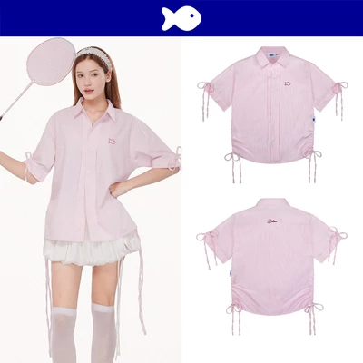 Áo sơ mi nữ kiểu ngắn tay sọc nhỉ hồng DKMV thắt nơ đáng yêu thêu logo Cá form rộng Oxford Shirt with Ribbon | K21-SM1