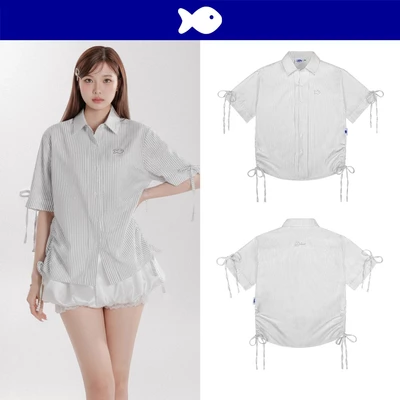 Áo sơ mi nữ kẻ sọc nhí kiểu màu xám DKMV thắt nơ thêu logo Cá tay ngắn đáng yêu Oxford Shirt with Ribbon |K21-SM1-XA
