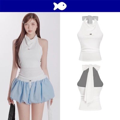 Áo yếm trắng cột nơ hở lưng DKMV thiết kế cổ đổ chất thun ôm dáng logo inox Cá đáng yêu Heulwen Top | K-T34-T