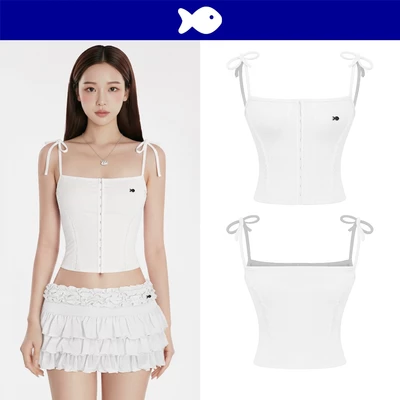 Áo croptop nữ trắng dáng 2 dây corset DKMV thắt nơ vai xinh xắn phối viền ren đính logo cá thun 2 da Angel Top | K-T50-T