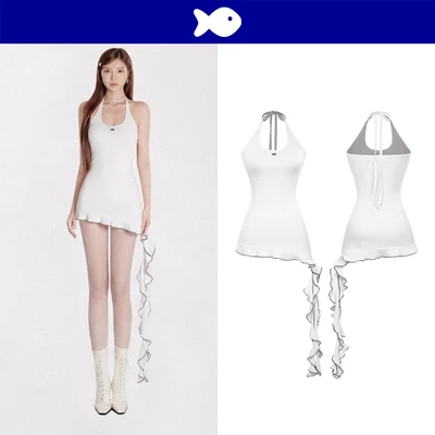 Váy cổ yếm ngắn lệch tà DKMV kiểu cổ yếm hở lưng màu đen viền béo trắng phối tua rua có quần trong Nayeon Dress| K-D19-T