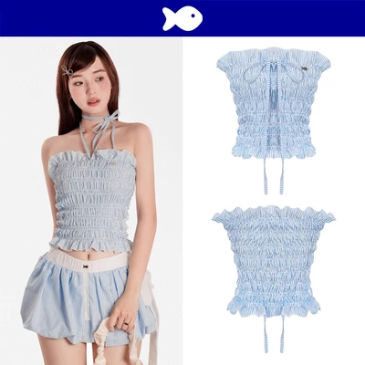 Áo ống sọc nhí cột nơ đáng yêu DKMV màu xanh thiết kế thắt nơ logo inox Cá dáng ôm croptop Striped Pumpkin| K-SET2-T-XN