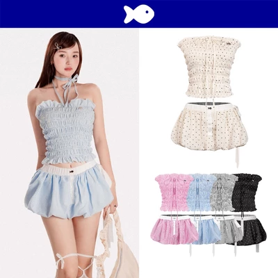 Set đồ nữ áo ống nhún và chân váy bí DKMV màu xanh dương, xám, hồng phối sọc có thắt nơ đáng yêu Striped Pumpkin |K-SET2