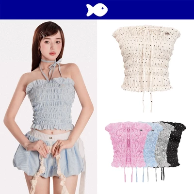 Áo ống kiểu nhún cột nơ DKMV họa tiết caro nhí ôm dáng viền bèo đáng yêu Striped Pumpkin Croptop | K-SET2-T
