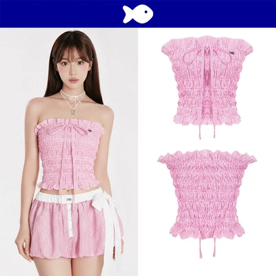 Áo ống kiểu sọc nhí hồng DKMV viền bèo thắt nơ đáng yêu thiết kế logo inox hình Cá Striped Pumpkin Croptop | K-SET2-T-H