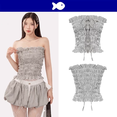 Áo ống croptop kiểu sọc nhí viền bèo DKMV thiết kế logo inox hình Cá cột nơ đáng yêu màu xám Striped Pumpkin| K-SET2-T-X