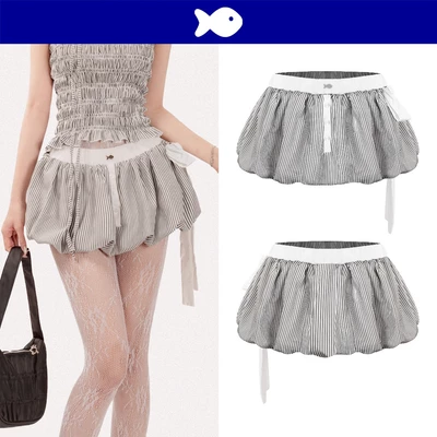 Chân váy bí phồng ngắn sọc nhí cột nơ DKMV có quần trong màu xám thiết kế logo inox Cá đáng yêu| K-SET2-V-X