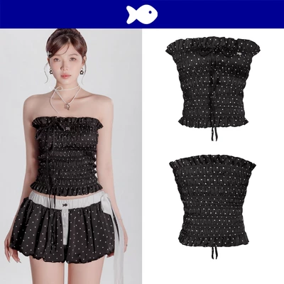Áo chấm bi đen kiểu dáng ống DKMV phối bèo nhún viền áo thắt nơ thiết kế logo inox Striped Pumpkin Croptop| K-SET2-T-CBD