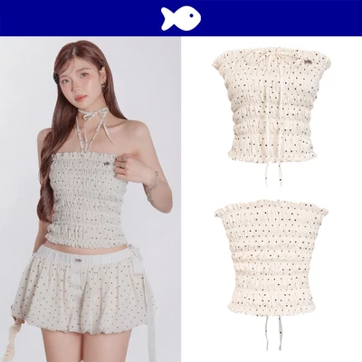 Áo kiểu chấm bi dáng ống ôm DKMV viền bèo nhún ôm dáng đáng yêu màu kem thắt nơ Striped Pumpkin Croptop | K-SET2-T-CBK