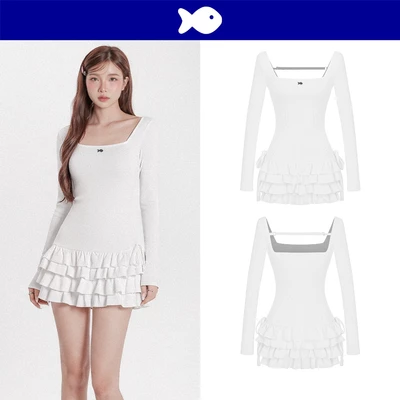 Đầm tay dài cổ vuông DKMV form váy xòe xếp tầng dây cột nơ hông logo inox màu trắng dễ thương Kiki Dress | K-D37-T