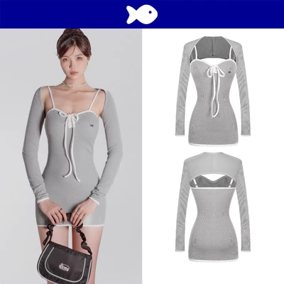 Váy 2 dây kèm áo khoác ngoài DKMV màu xám phối viền trắng dáng ngắn ôm thắt nơ đáng yêu Eunji Dress | K-D25-XVT