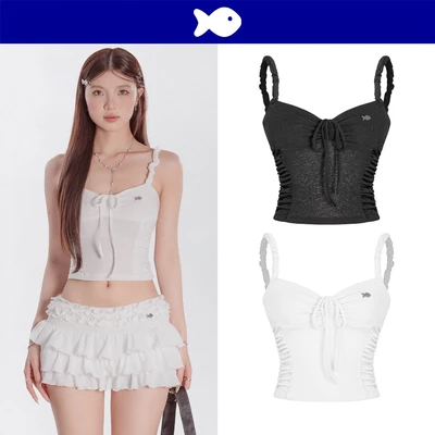 Áo 2 dây nữ dáng croptop DKMV thiết kế cúp ngực nhún bèo phối dây cột nơ thun cát xuyên thấu nhẹ Jisoo Set | K-SET13-T