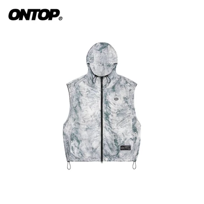 Áo khoác gile nam vải dù loang màu ONTOP túi trong có mũ kèm dây rút Stone Hooded Vest | O-AK15