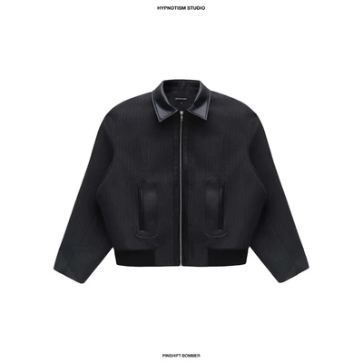 HYPNOTISM | “PINSHIFT BOMBER” - Áo Khoác Bomber Caro Xám Cổ Da Cao Cấp Form Cropped