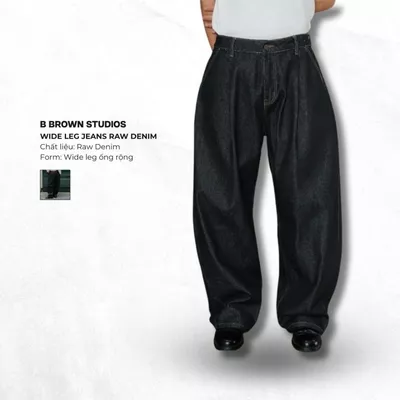 Quần Jeans Nam B Brown Vải Raw Denim Dáng Ống Rộng Có Xếp Ly – Wide Leg Jeans Raw Denim