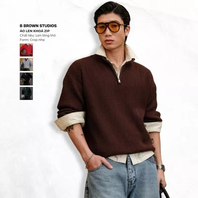 Áo Len Nam B Brown Khóa Zip - Chất Liệu Len Dày Dặn, Form Crop Tôn Dáng, Dùng Hàng Ngày
