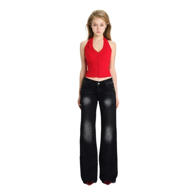 LSOUL Áo Len Gân Cổ Yếm Đính Hoa Yoha Top + Quần Jeans Ống Loe Wash Cá Tính Diva Pants A26032889