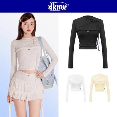 Áo kiểu nữ tay dài cổ cao bèo nhún DKMV màu đen, trắng, vàng thiết kế thắt nơ chéo dễ thương Joo Joo Top | K-T24