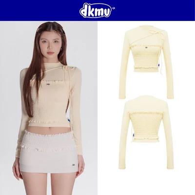 Áo dài tay nữ form croptop ôm dáng DKMV thân phối chun nhún dây thắt nơ chéo vai điệu đà màu vàng Joo Joo Top | K-T24-V