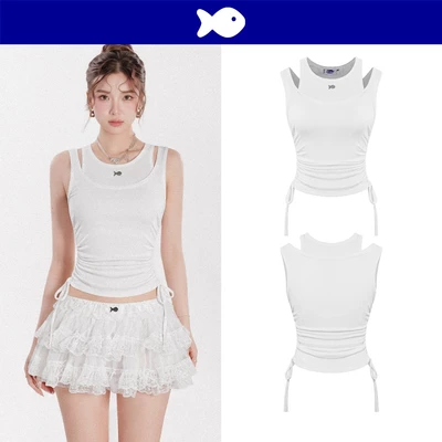 Áo croptop trắng nữ kiểu dáng ba lỗ DKMV thiết kế dây rút thắt ôm sát logo inox cá Phedra Top | K-T16-T