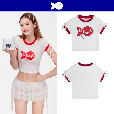Áo croptop nữ kiểu trắng phối đỏ DKMV thắt nơ in hình Cá đáng yêu thun co giãn ôm dáng Baby Tee Una | K-T8-TDO