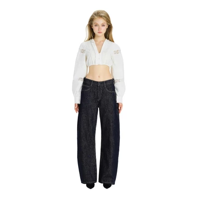 LSOUL Áo Croptop Tay Dài Phối Ren Cổ V Vintage Somna Top + Quần Jeans Nie Pants A26032887