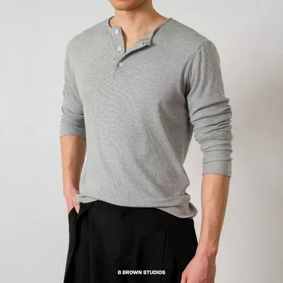 Áo Thun Nam B Brown Dài Tay Form Slim Fit Có Cúc Ngực - B Brown Henley Slim Fit Shirts