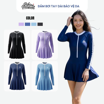 Đồ bơi nữ một mảnh tay dài kín đáo chống nắng có khóa kéo cao cấp đi biển - Bikini Passport - BS1007_NV